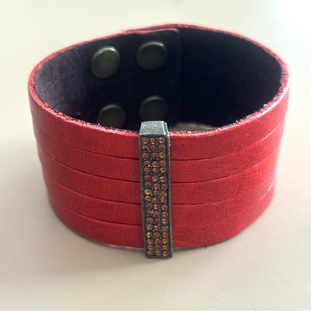 Pave Crystal Bar Leather Bracelet-red